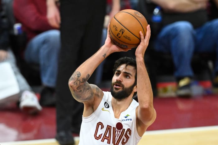 Feb 26, 2023; Cleveland, Ohio, USA; Cleveland Cavaliers guard Ricky Rubio (13) shoots in the third quarter against the Toronto Raptors at Rocket Mortgage FieldHouse.